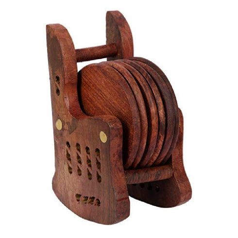 Wooden Coaster Set With Holder, Handicrafted Wooden Showpiece
